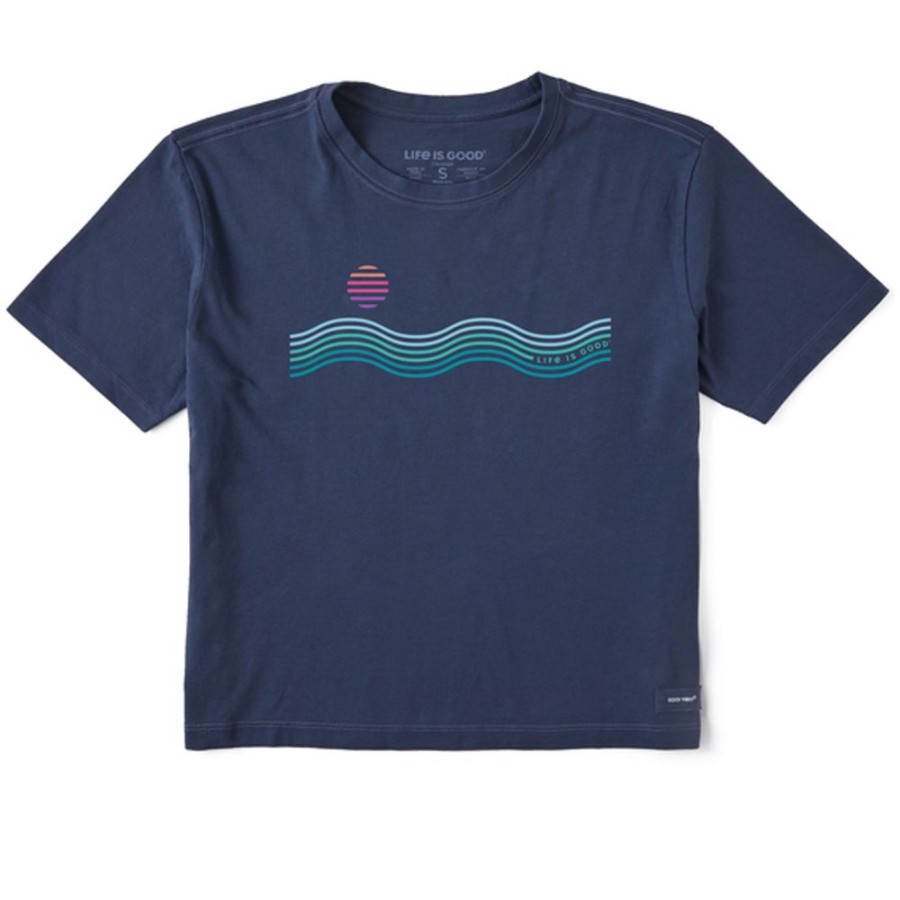 Women Life is Good Boxy Tees | Women'S Linear Waves & Sun Boxy Crusher Tee Darkest Blue