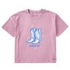 Women Life is Good Graphic Tees | Women'S Woodcut Giddy Up Cowboy Boots Boxy Crusher Tee Violet Purple