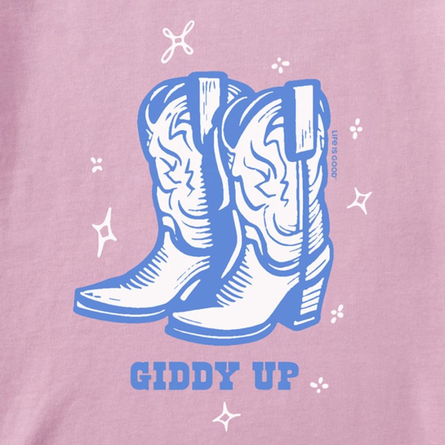 Women Life is Good Graphic Tees | Women'S Woodcut Giddy Up Cowboy Boots Boxy Crusher Tee Violet Purple