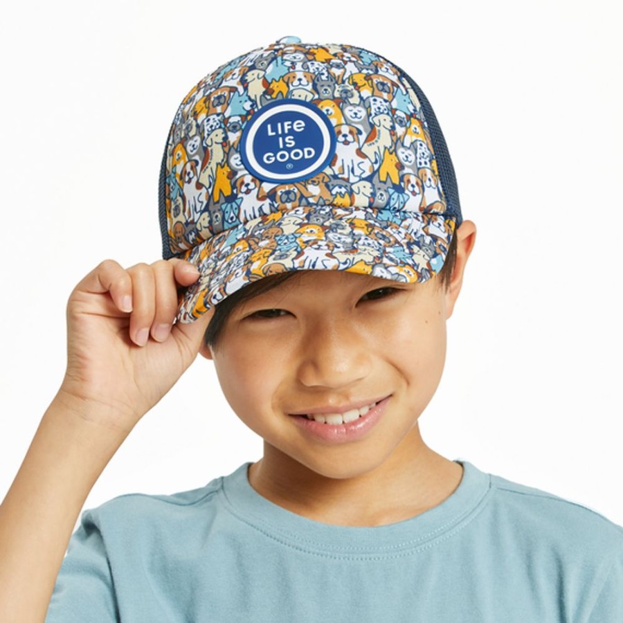 Men Life is Good Hats | Kids Heart Of Dogs Pattern Kids Trucker Cloud White