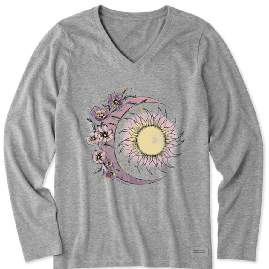 Women Life is Good Graphic Tees | Women'S Moon Flower Long Sleeve Crusher Vee Heather Gray