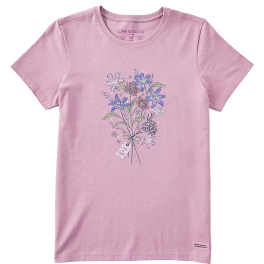 Women Life is Good Graphic Tees | Women'S Dreamy Winter Flower Bouquet Short Sleeve Tee Violet Purple