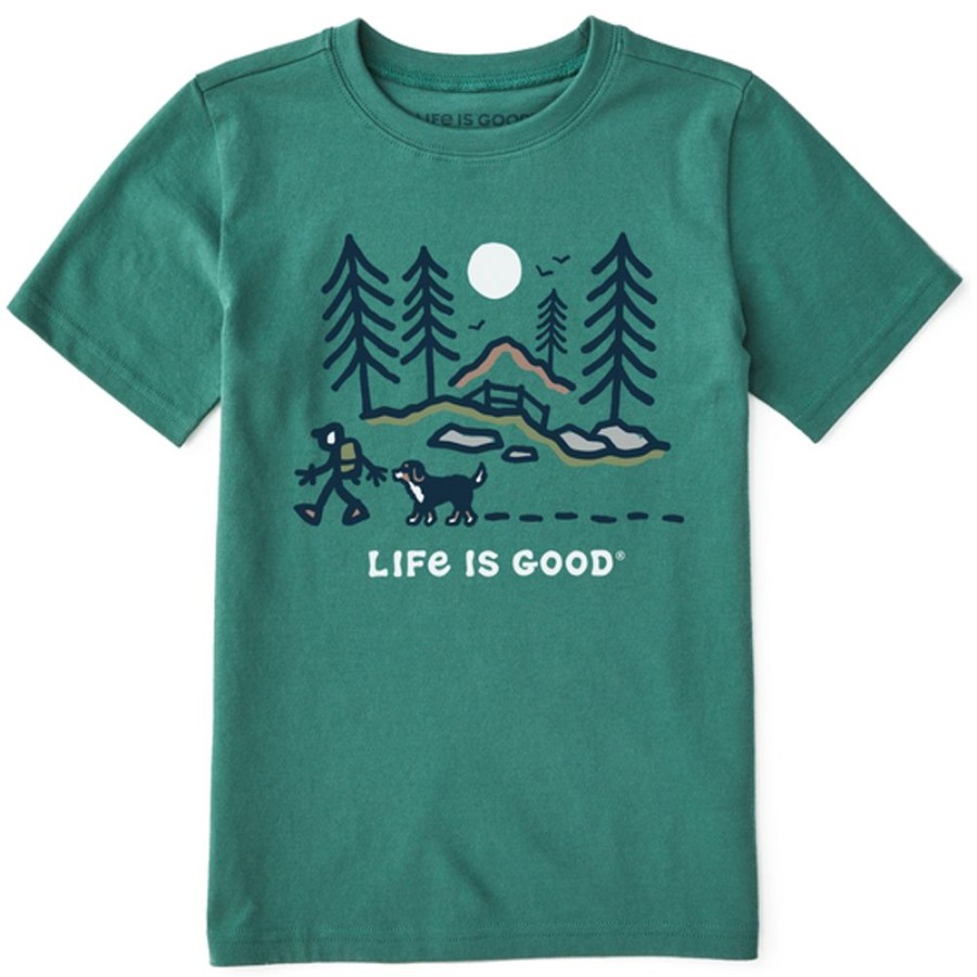 Kids Life is Good Graphic Tees | Kids Bernese Hiking Through The Woods Crusher Tee Spruce Green