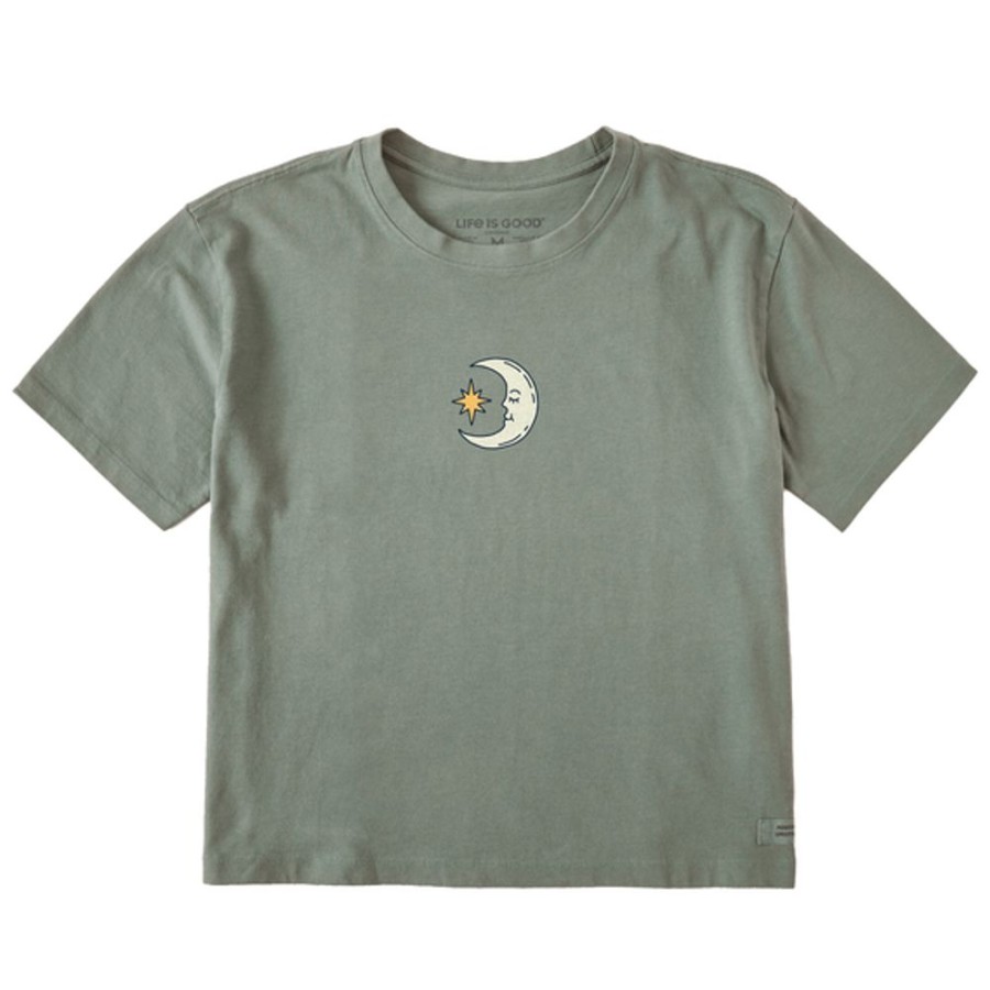 Women Life is Good Graphic Tees | Women'S Fineline Moon & Star Boxy Crusher Tee Moss Green