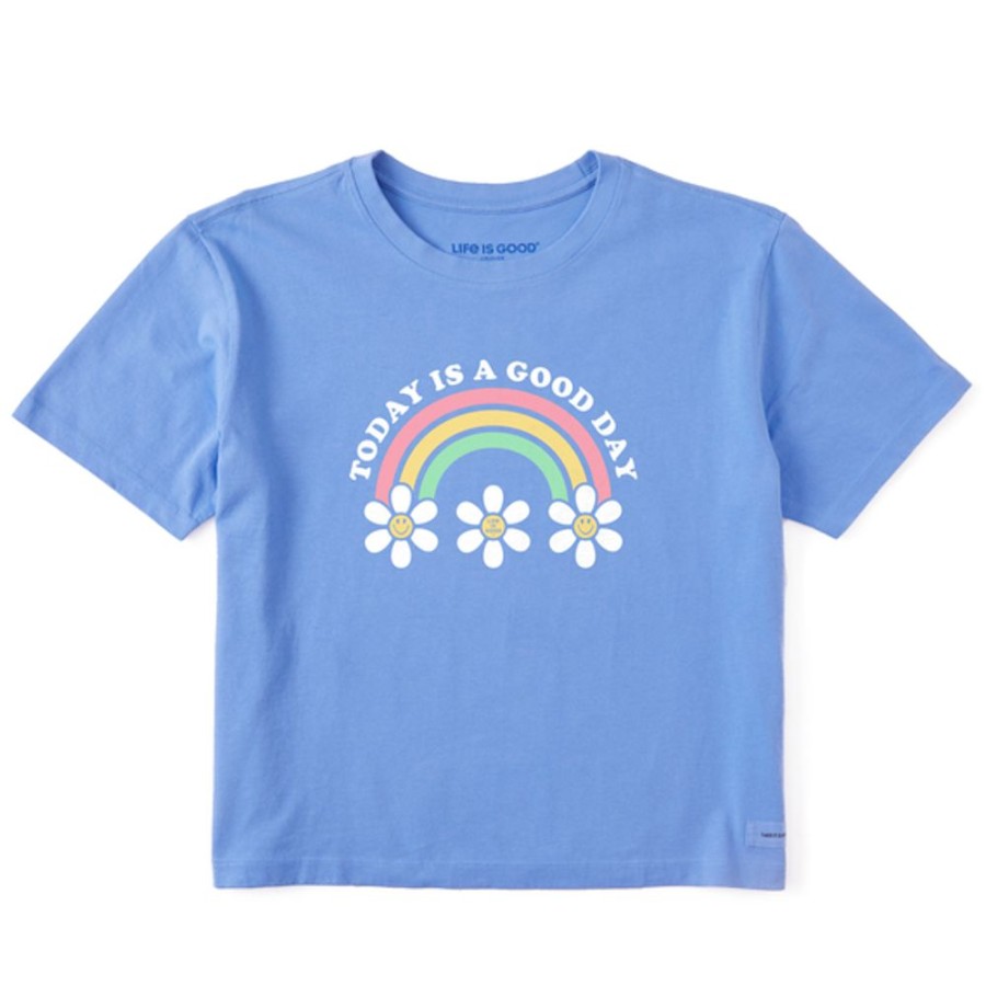 Women Life is Good Boxy Tees | Women'S Clean Today Is A Good Day Daisy Rainbow Boxy Crusher Tee Cornflower Blue