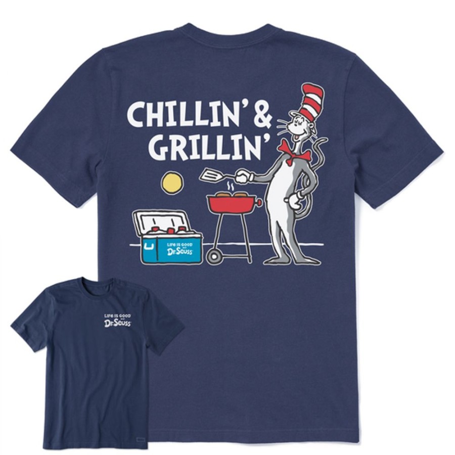 Men Life is Good Graphic Tees | Men'S Cat In The Hat Chillin Grillin Crusher Tee Darkest Blue