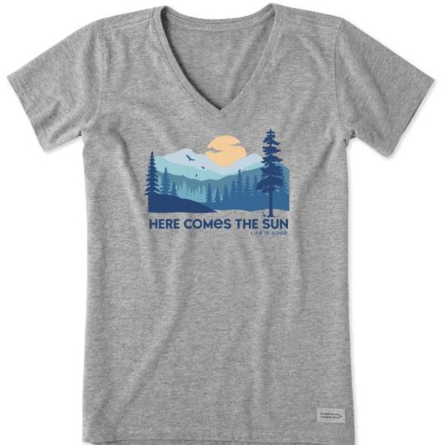 Women Life is Good Graphic Tees | Women'S Here Comes The Sun Evergreens Crusher Vee Heather Gray