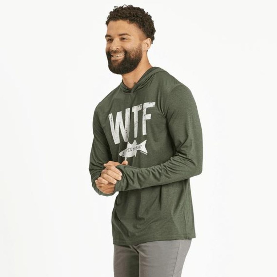 Men Life is Good Active & Slub Tops | Men'S Wtf Long Sleeve Active Hooded Tee Dark Moss Green