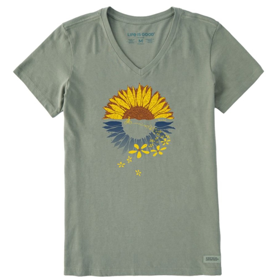 Women Life is Good Graphic Tees | Women'S Macro-Micro Sunflower Bike Ride Crusher Vee Moss Green