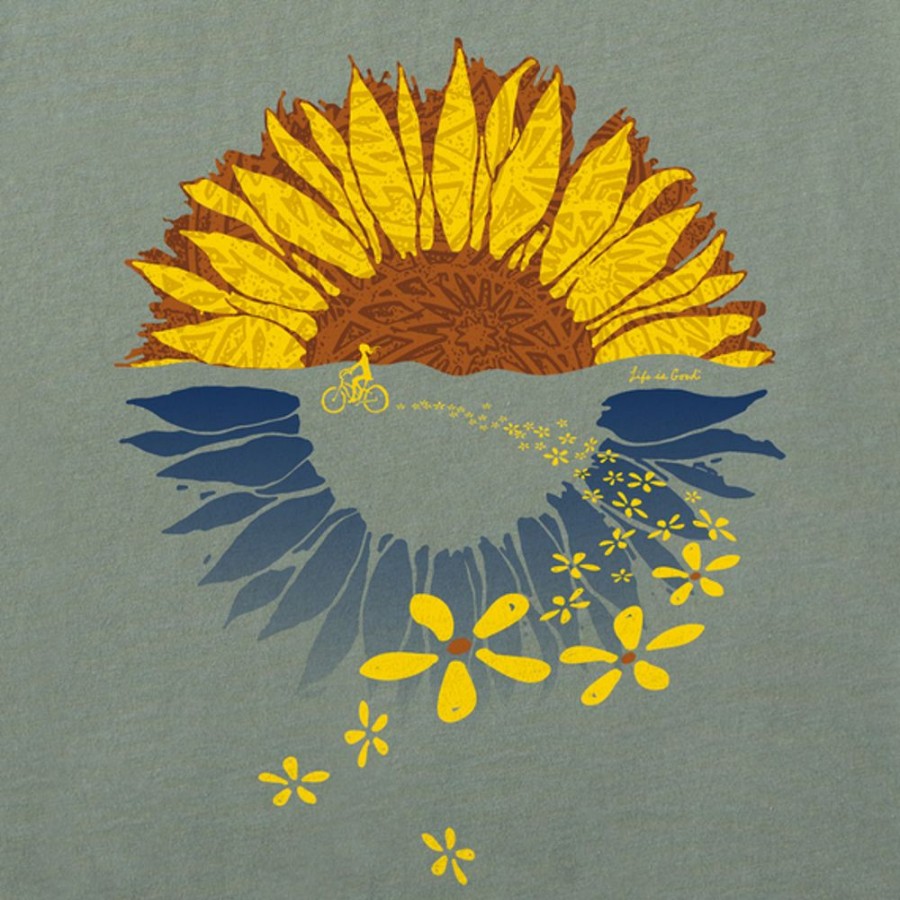 Women Life is Good Graphic Tees | Women'S Macro-Micro Sunflower Bike Ride Crusher Vee Moss Green