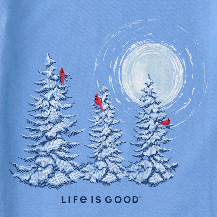 Women Life is Good Graphic Tees | Women'S Snowy Pines With Cardinals Long Sleeve Crusher Tee Cornflower Blue