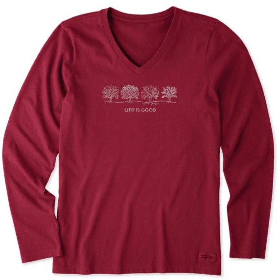 Women Life is Good Graphic Tees | Women'S Four Seasons Trees Long Sleeve Crusher Vee Cranberry Red