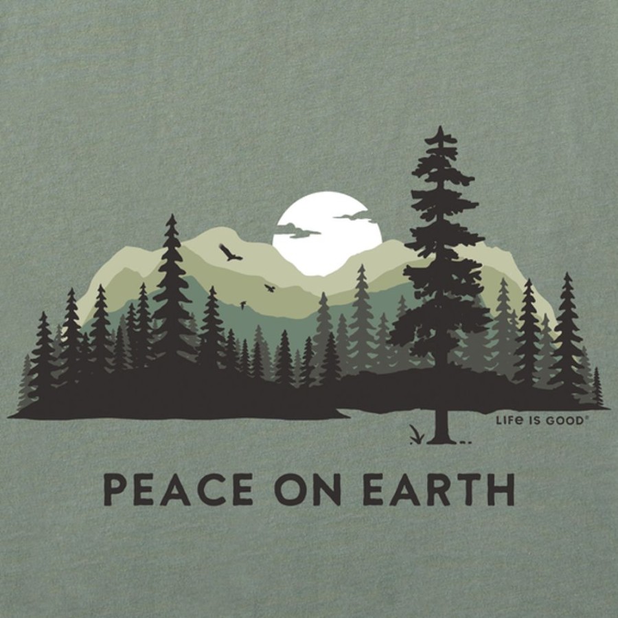 Men Life is Good Graphic Tees | Men'S Peace On Earth Evergreen Silhouette Long Sleeve Crusher Tee Moss Green