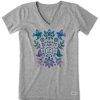 Women Life is Good Graphic Tees | Women'S Folk Art Garden Tie Dye Short Sleeve Vee Heather Gray