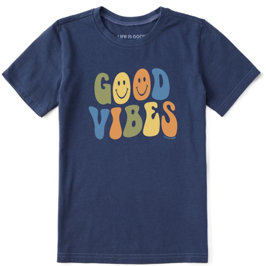 Kids Life is Good Graphic Tees | Kids Groovy Smiley Good Vibes Crusher Tee Darkest Blue