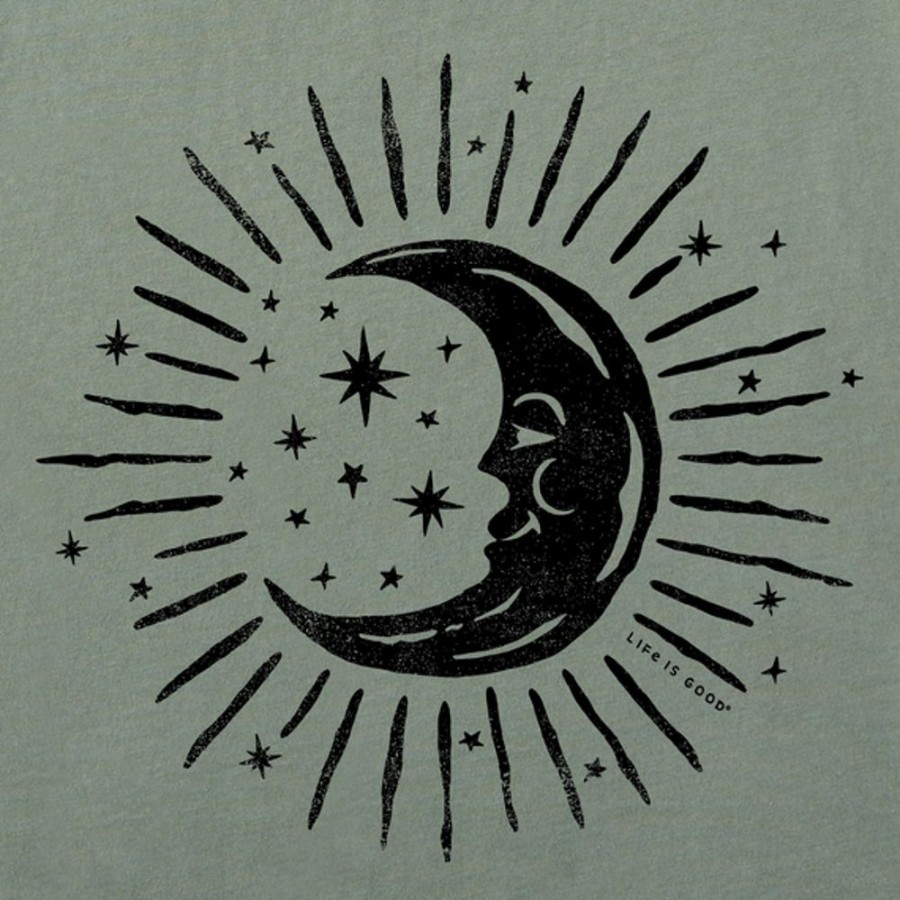 Women Life is Good Boxy Tees | Women'S Woodcut Moon Stars Boxy Crusher Tee Moss Green