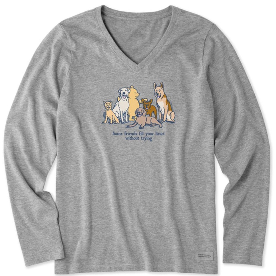 Women Life is Good Graphic Tees | Women'S Winnie Friends Fill Your Heart Long Sleeve Crusher Vee Heather Gray