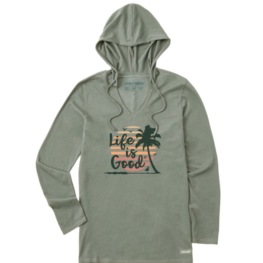 Women Life is Good Graphic Tees | Women'S Matchbook Circle Palms Long Sleeve Crusher-Lite Hooded Tee Moss Green