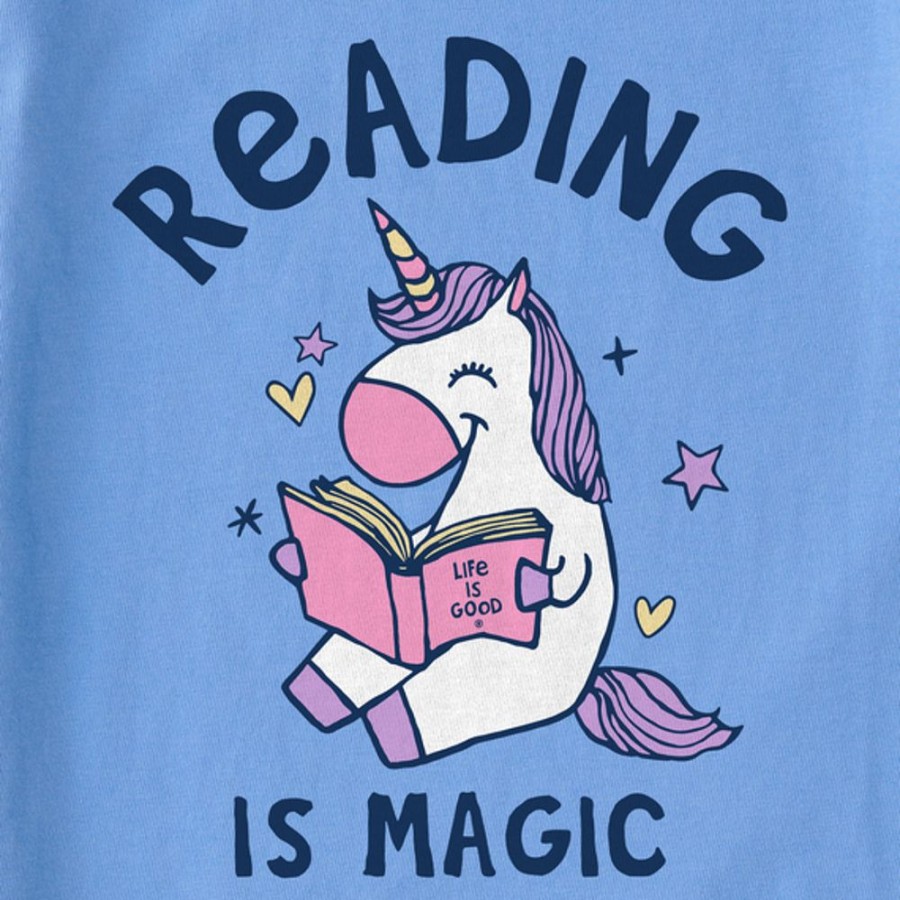 Kids Life is Good Graphic Tees | Kids Naive Reading Is Magic Unicorn Long Sleeve Crusher Tee Cornflower Blue