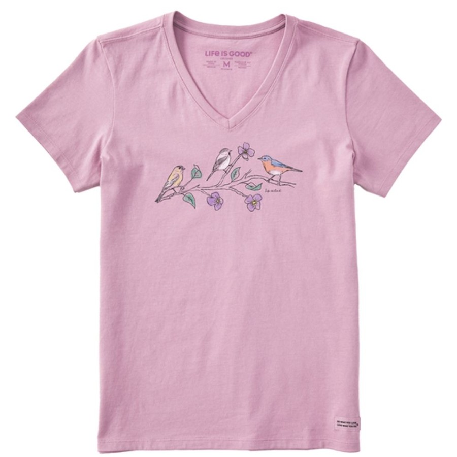 Women Life is Good Graphic Tees | Women'S Dreamy Three Birds Short Sleeve Vee Violet Purple