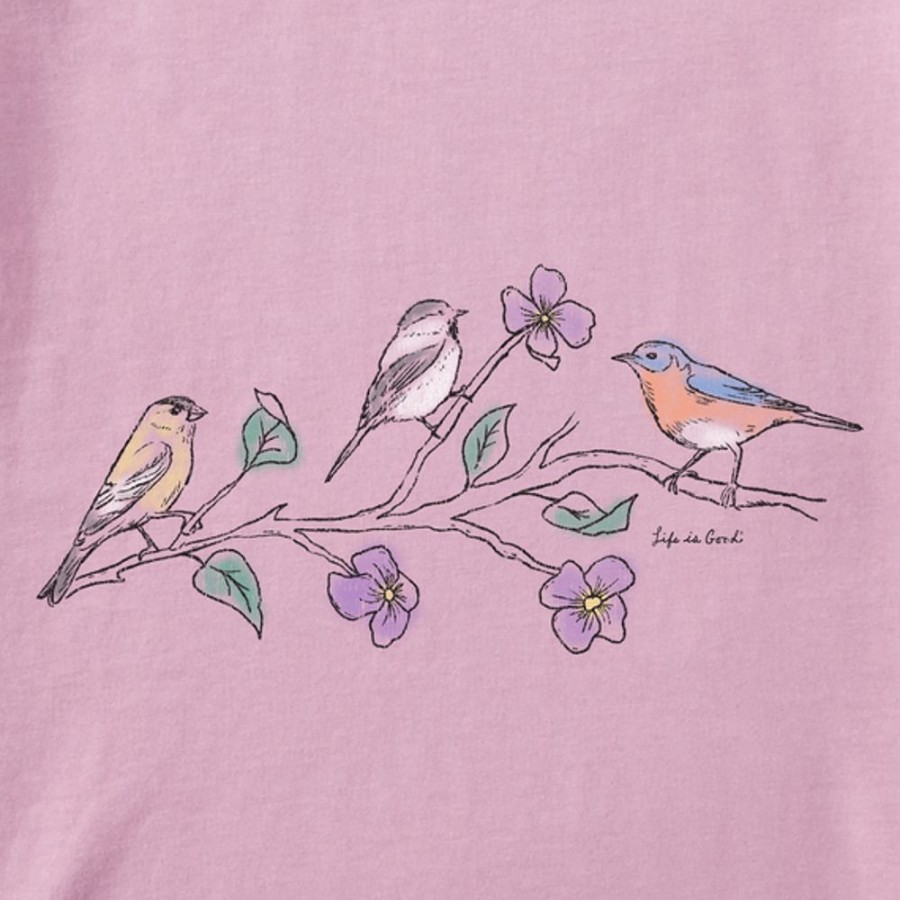 Women Life is Good Graphic Tees | Women'S Dreamy Three Birds Short Sleeve Vee Violet Purple