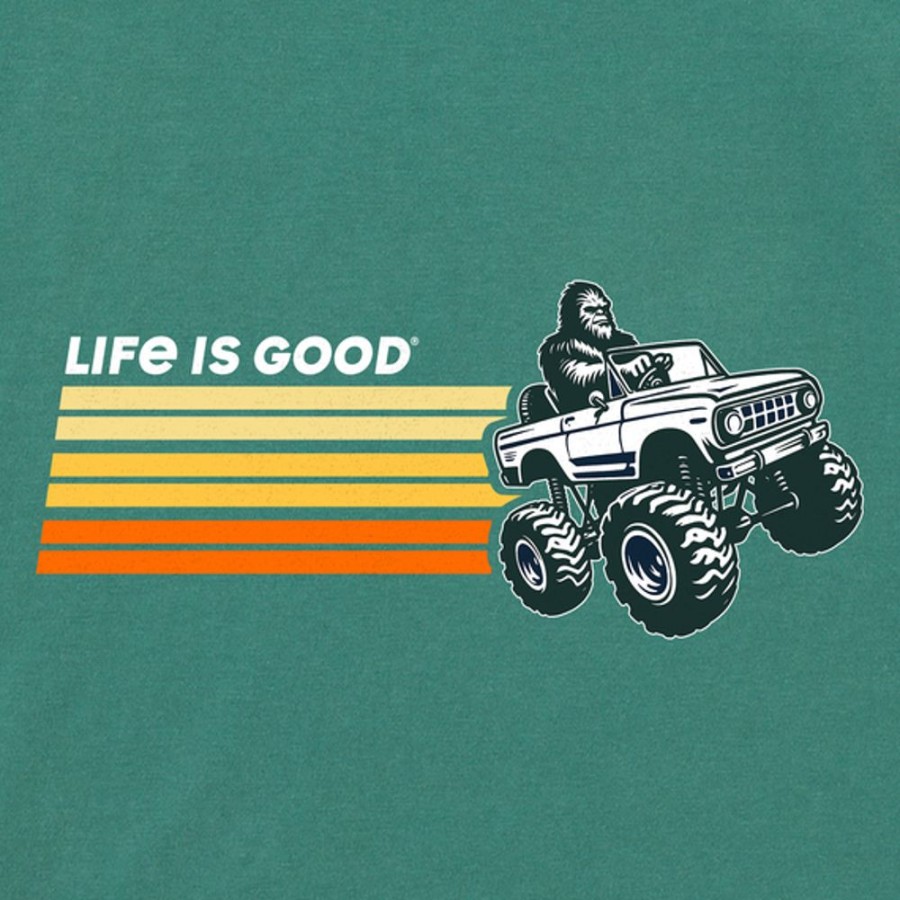 Kids Life is Good Graphic Tees | Kids Clean Bigfoot Driving Bigfoot Long Sleeve Crusher Tee Spruce Green