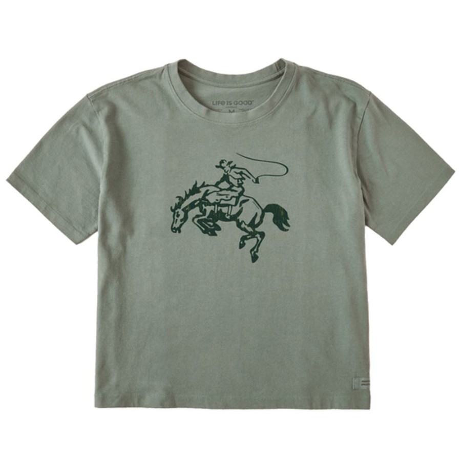 Women Life is Good Graphic Tees | Women'S Woodcut Let'S Rodeo Boxy Crusher Tee Moss Green