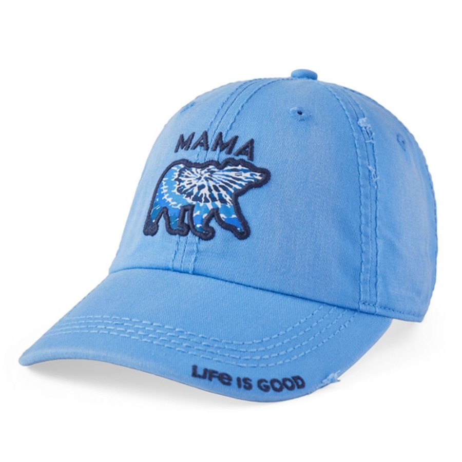 Women Life is Good Hats | Tie Dye Mama Bear Sunwashed Chill Cap Cornflower Blue