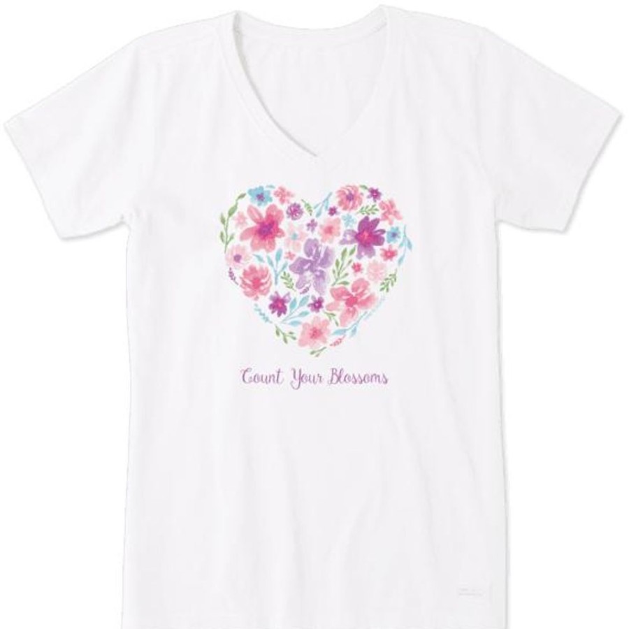 Women Life is Good Graphic Tees | Women'S Count Your Blossoms Heart Crusher Vee Cloud White