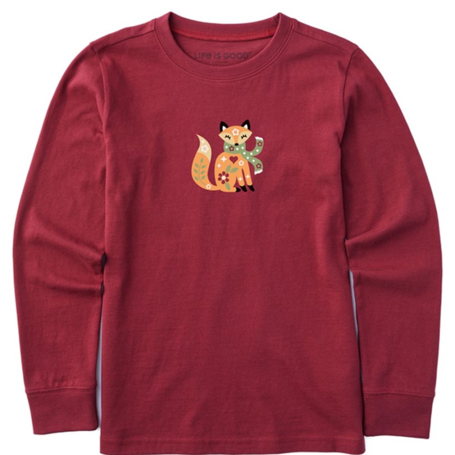 Kids Life is Good Graphic Tees | Kids Nordic Mini Winter Scarf Fox Long Sleeve Crusher Tee Cranberry Red