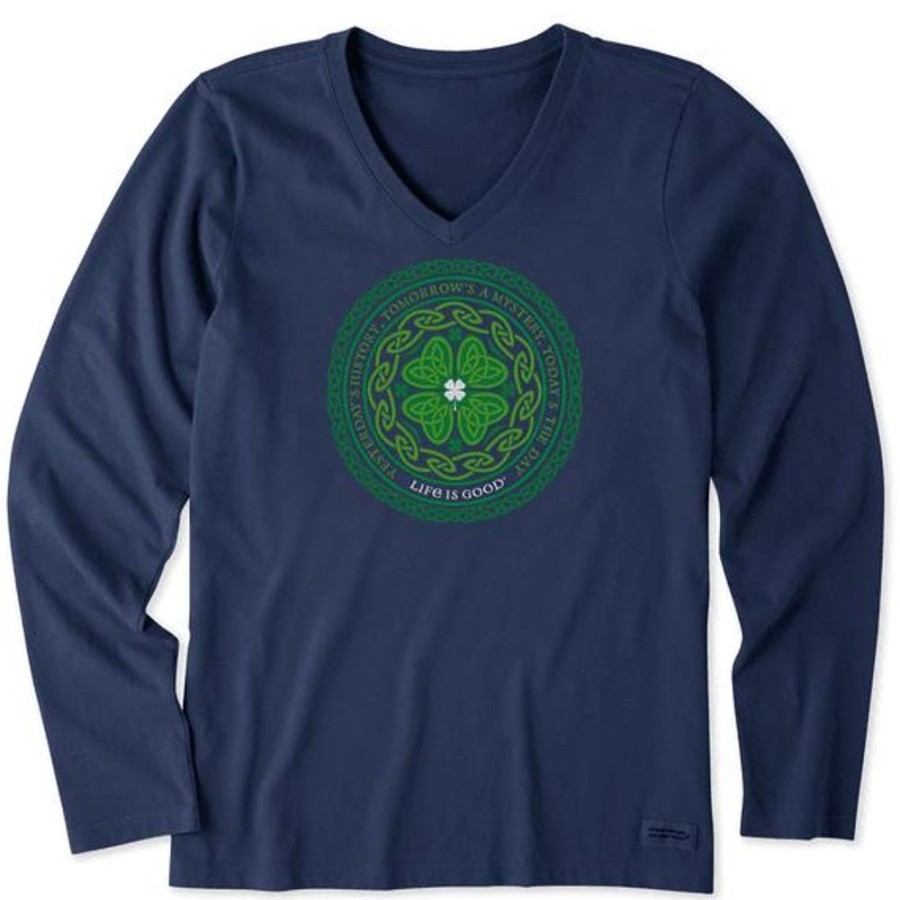 Women Life is Good Graphic Tees | Women'S Celtic Mandala Long Sleeve Crusher Vee Darkest Blue