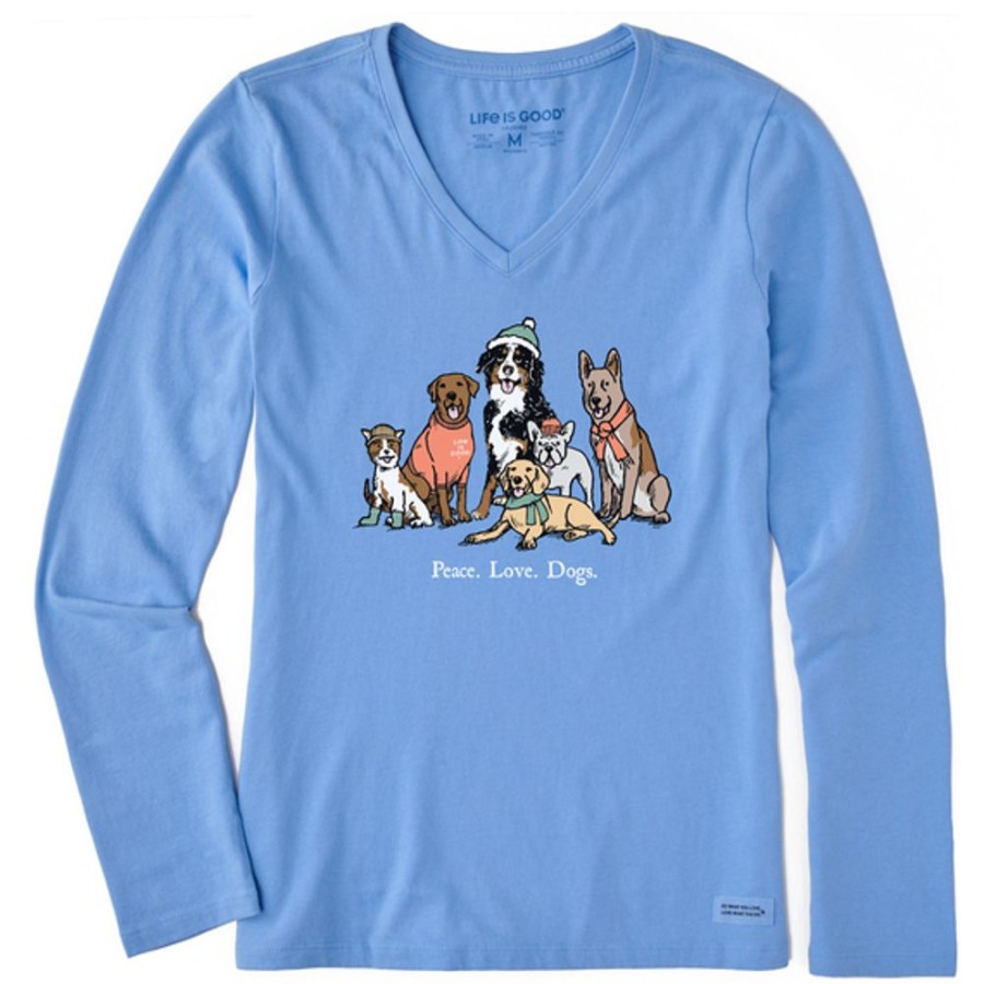 Women Life is Good Graphic Tees | Women'S Storybook Peace Love Dogs Long Sleeve Crusher Vee Cornflower Blue