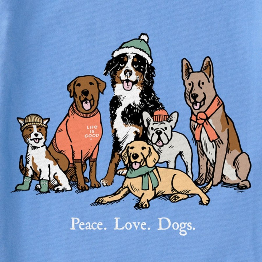 Women Life is Good Graphic Tees | Women'S Storybook Peace Love Dogs Long Sleeve Crusher Vee Cornflower Blue