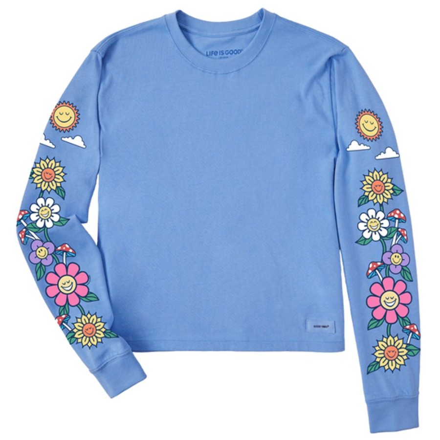 Women Life is Good Boxy Tees | Women'S Flowers And Shrooms Long Sleeve Boxy Crusher Tee Cornflower Blue