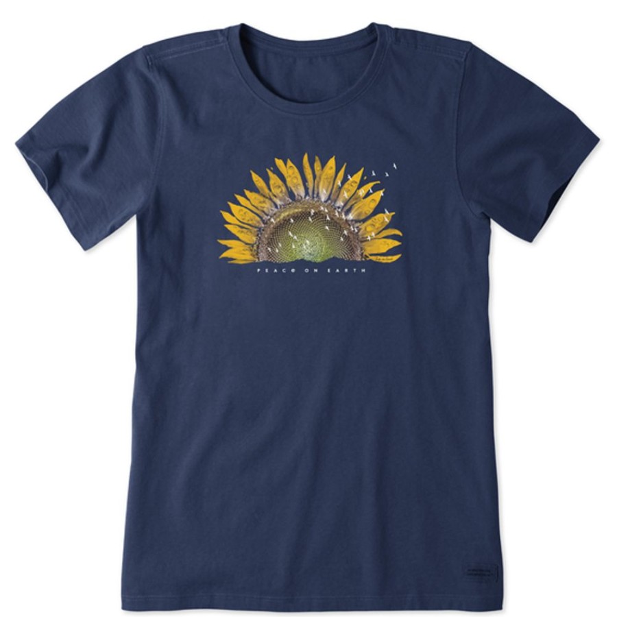 Women Life is Good Graphic Tees | Women'S Sunflower Dew Peace On Earth Short Sleeve Tee Darkest Blue