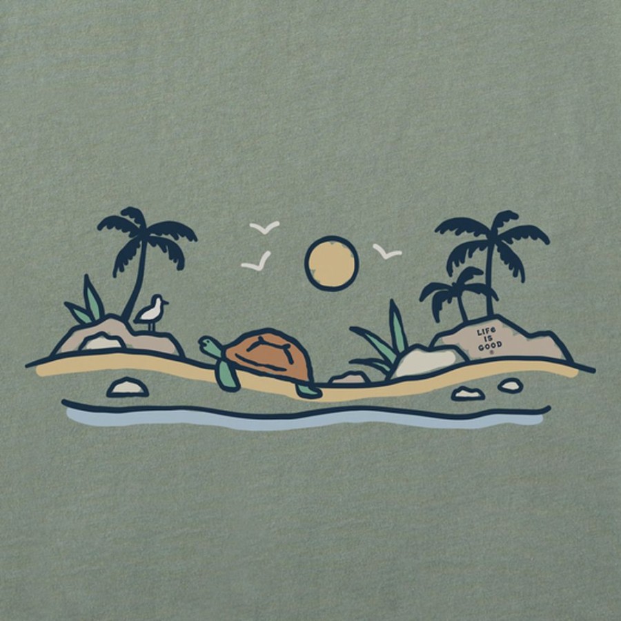 Men Life is Good Graphic Tees | Men'S Vintage Turtle Beach Scene Short Sleeve Tee Moss Green