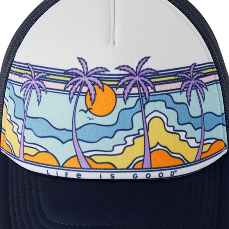 Men Life is Good Hats | Retro Palms Scene Trucker Hat Darkest Blue