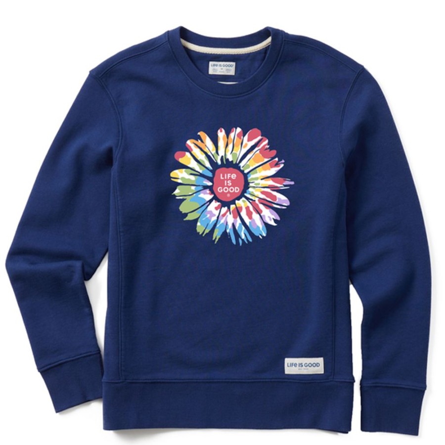 Women Life is Good Sweatshirts & Hoodies | Women'S Tie Dye Daisy Simply True Fleece Crew Darkest Blue