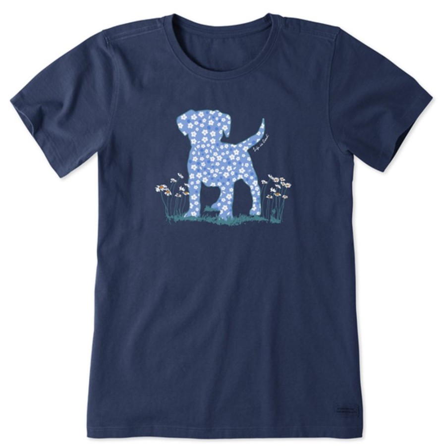 Women Life is Good Graphic Tees | Women'S Patterna Daisy Dog Short Sleeve Tee Darkest Blue