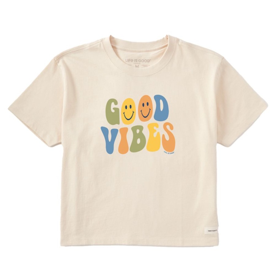 Women Life is Good Boxy Tees | Women'S Groovy Smiley Good Vibes Boxy Crusher Tee Putty White