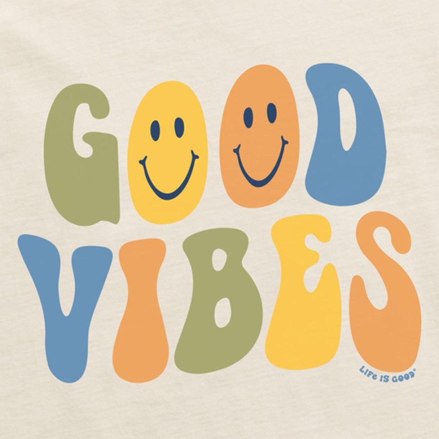 Women Life is Good Boxy Tees | Women'S Groovy Smiley Good Vibes Boxy Crusher Tee Putty White