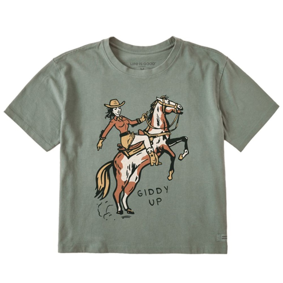 Women Life is Good Graphic Tees | Women'S Giddy Up Boxy Crusher Tee Moss Green