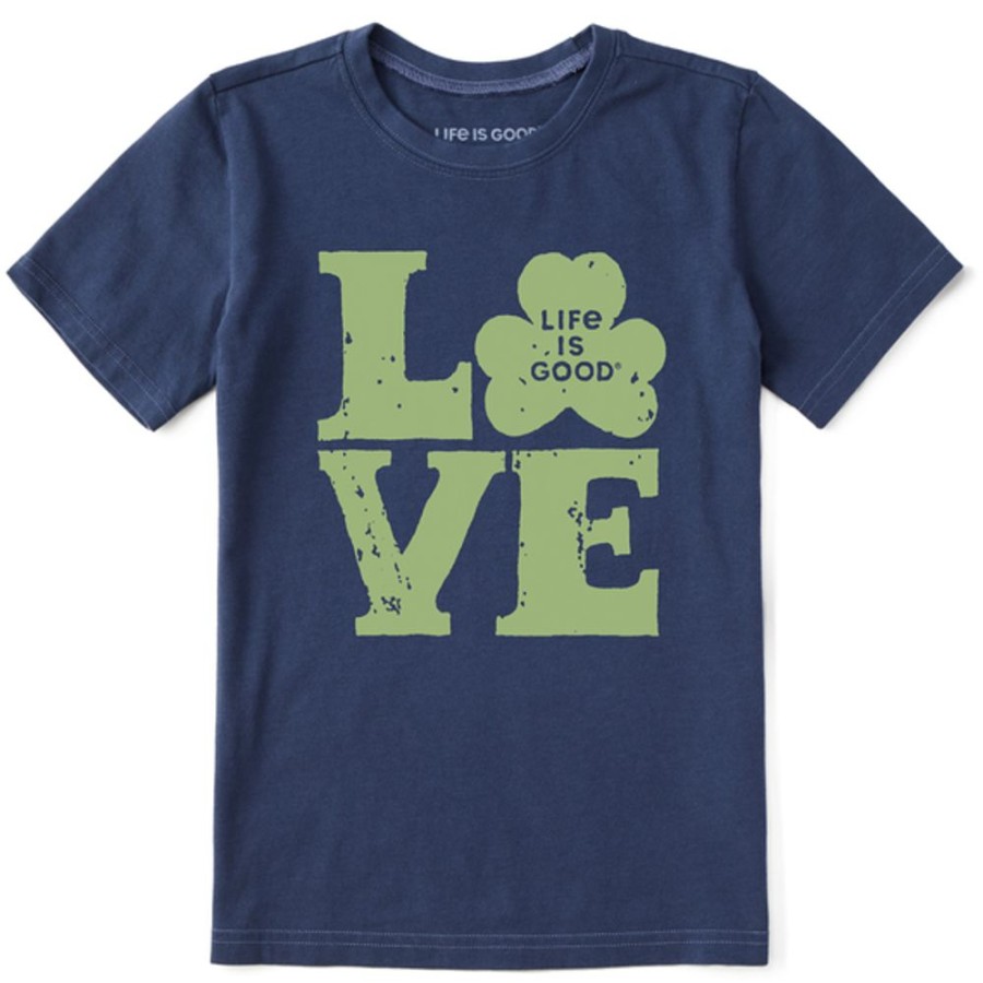 Kids Life is Good Graphic Tees | Kids Woodcut Love Clover Crusher Tee Darkest Blue