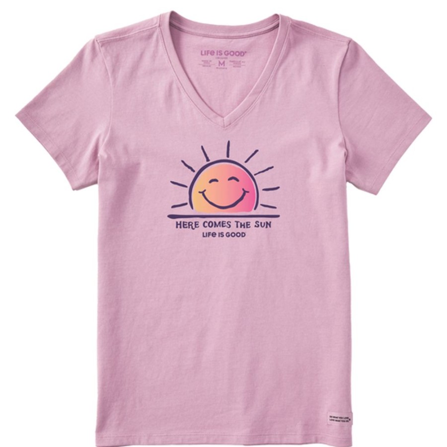 Women Life is Good Graphic Tees | Women'S Here Comes The Sun Smile Crusher Vee Violet Purple