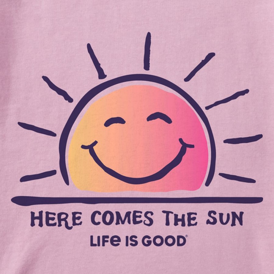 Women Life is Good Graphic Tees | Women'S Here Comes The Sun Smile Crusher Vee Violet Purple