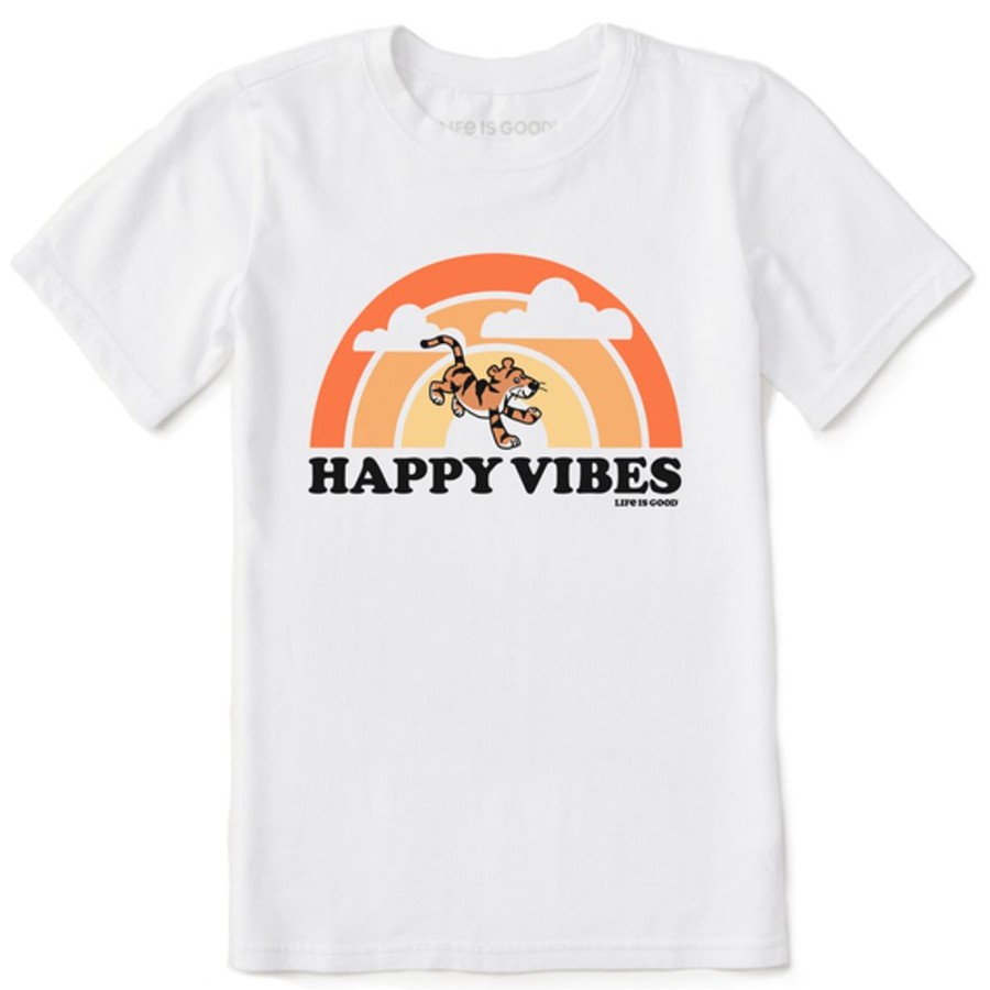 Kids Life is Good Graphic Tees | Kids Vintage Happy Vibes Tiger Stripe Rainbow Crusher Tee Cloud White