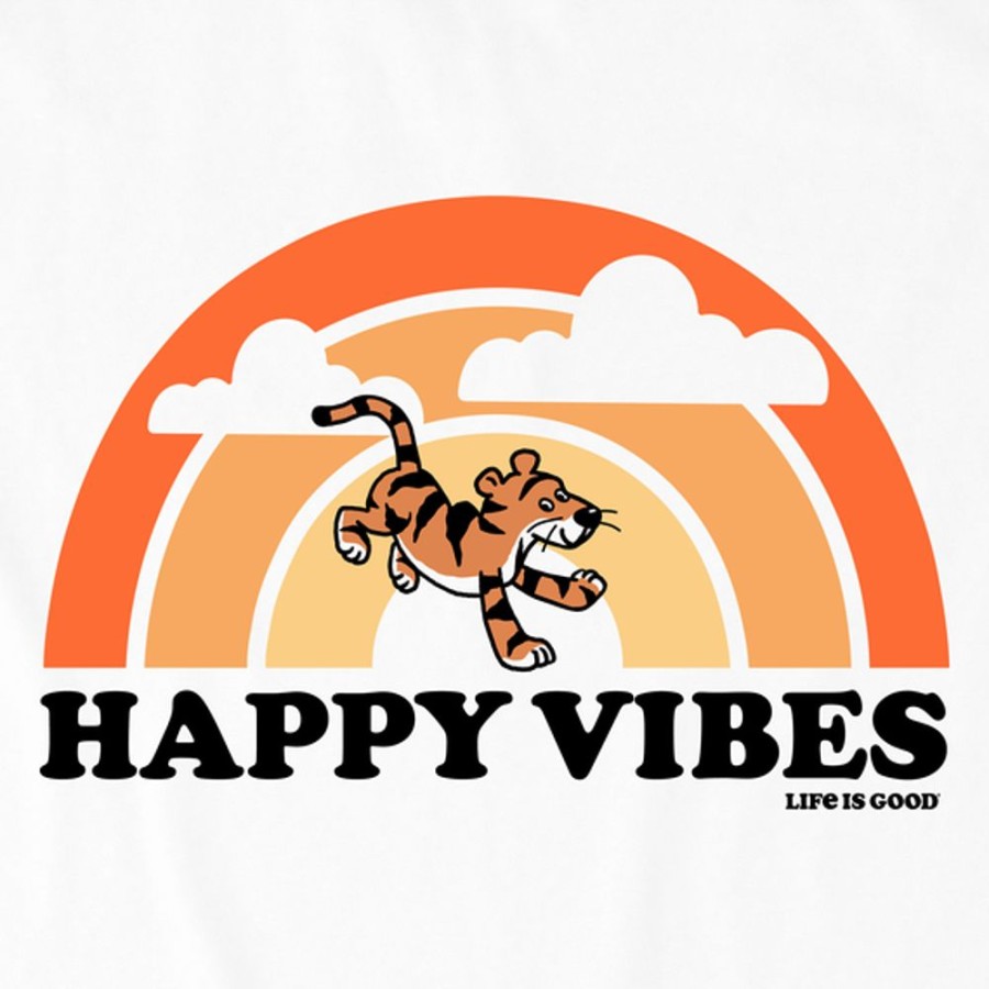 Kids Life is Good Graphic Tees | Kids Vintage Happy Vibes Tiger Stripe Rainbow Crusher Tee Cloud White