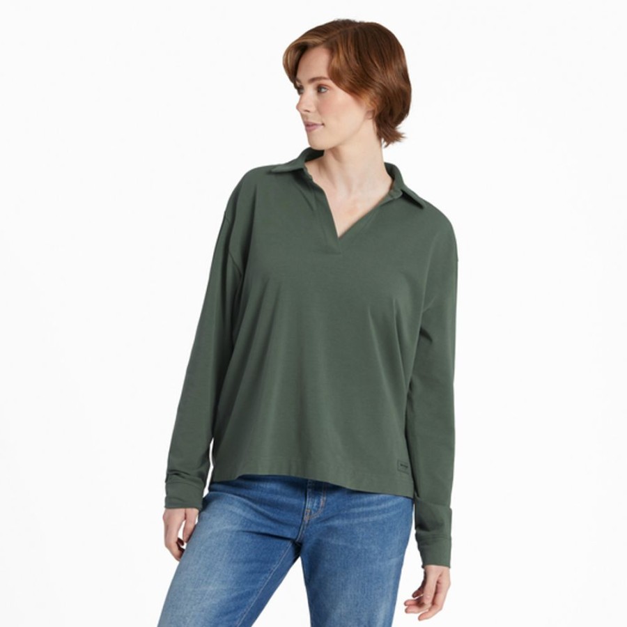 Women Life is Good Crusher-Flex Apparel | Women'S Solid Crusher-Flex Collared Pullover Dark Moss Green