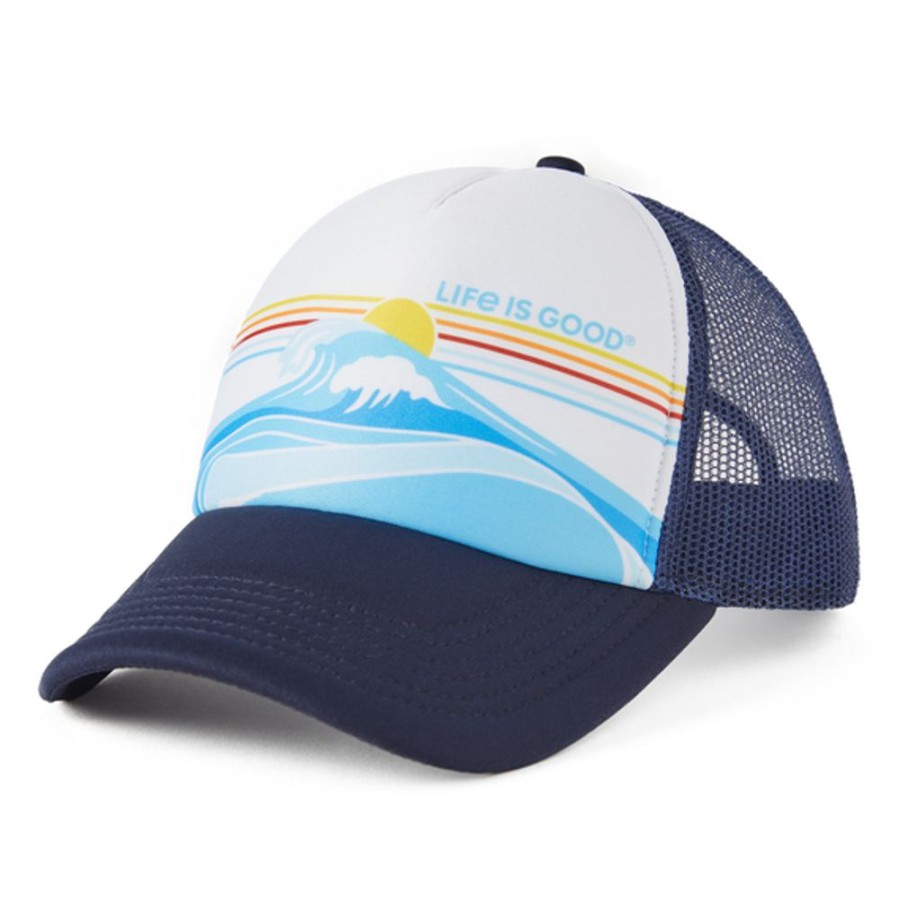 Men Life is Good Hats | Linear Wave Stripe Trucker Hat Cloud White