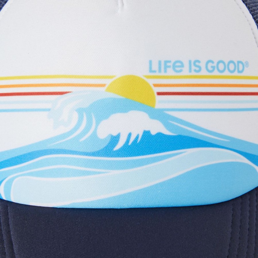 Men Life is Good Hats | Linear Wave Stripe Trucker Hat Cloud White